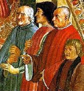 Lorenzo de Medici between Antonio Pucci and Francesco Sassetti, with Giulio de Medici, fresco by Ghirlandaio LEONARDO da Vinci